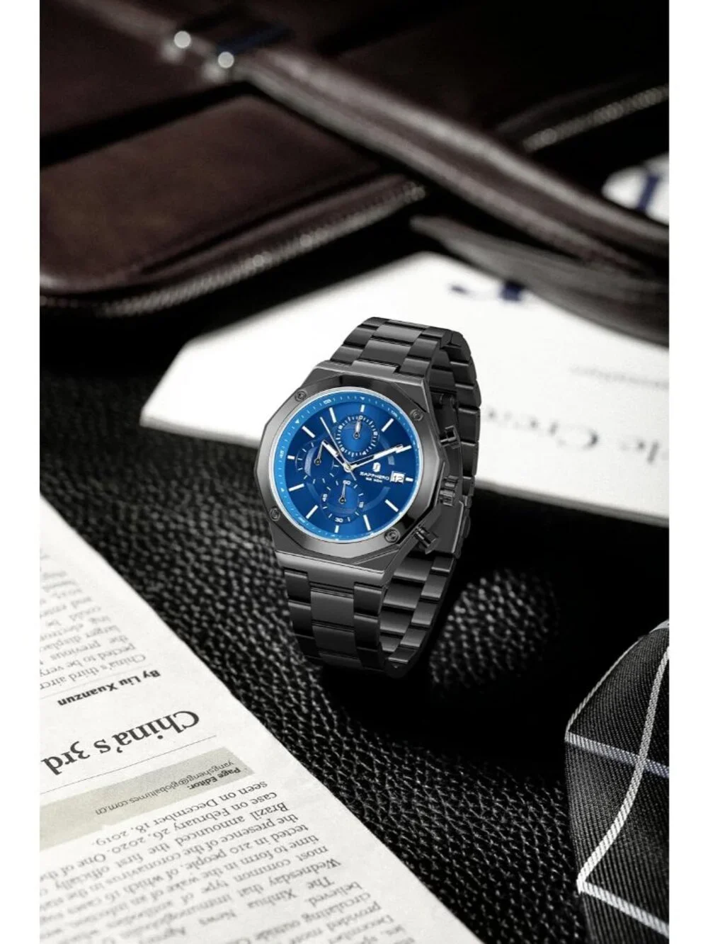Men's Black Blue Analog Quartz Chronograph Stainless Steel Waterproof Wristwatch